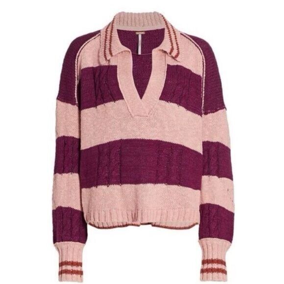 ✨Free People Pembrook Sz Medium Sweater in Moody Pink Combo Striped Cotton✨ - Picture 5 of 12